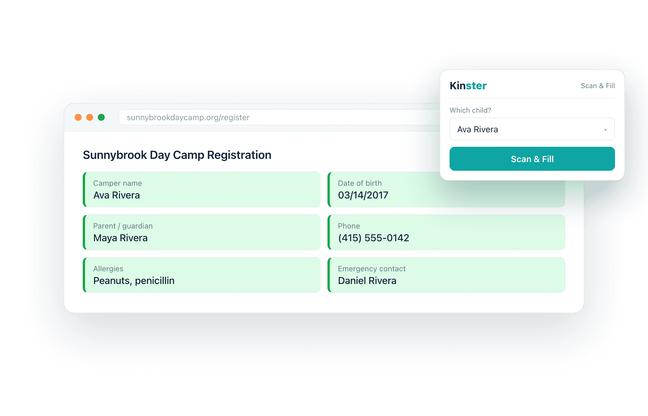 Kinster filling a camp registration form, with each saved answer highlighted in green